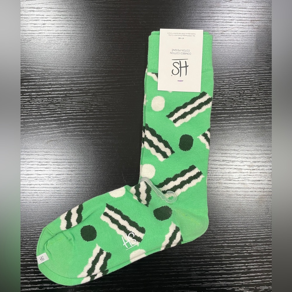 NWT Happy Socks Men's Green Bacon Socks Size‎ 8-12 Combed Cotton Fun Gift